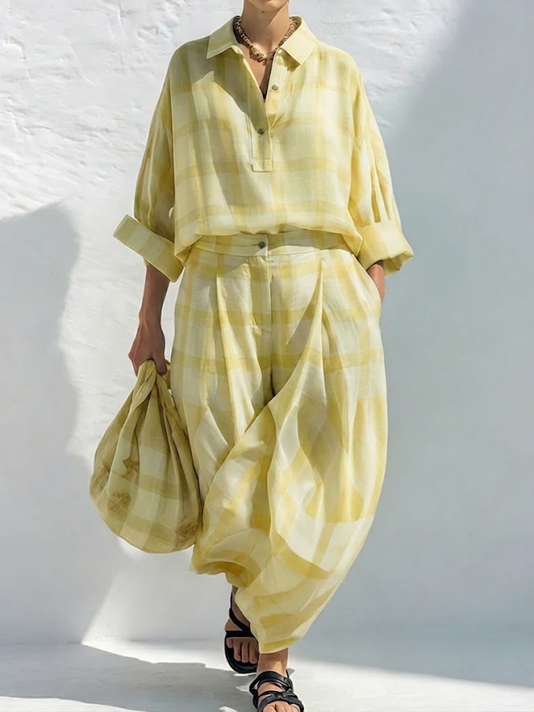 Completo casual a due pezzi in lino e cotone, composto da camicia a quadri e pantaloni a gamba larga.