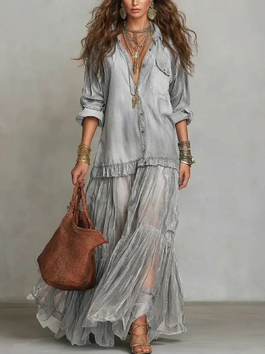 Abito lungo casual da donna in denim e organza con revers retrò e dettagli patchwork