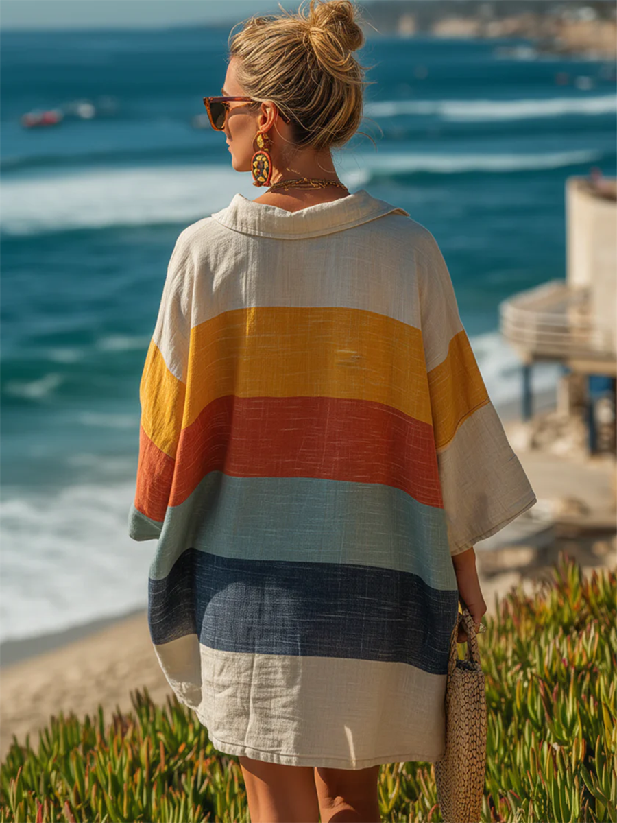 Comodo mini abito a righe colorate con colletto polo in cotone e lino