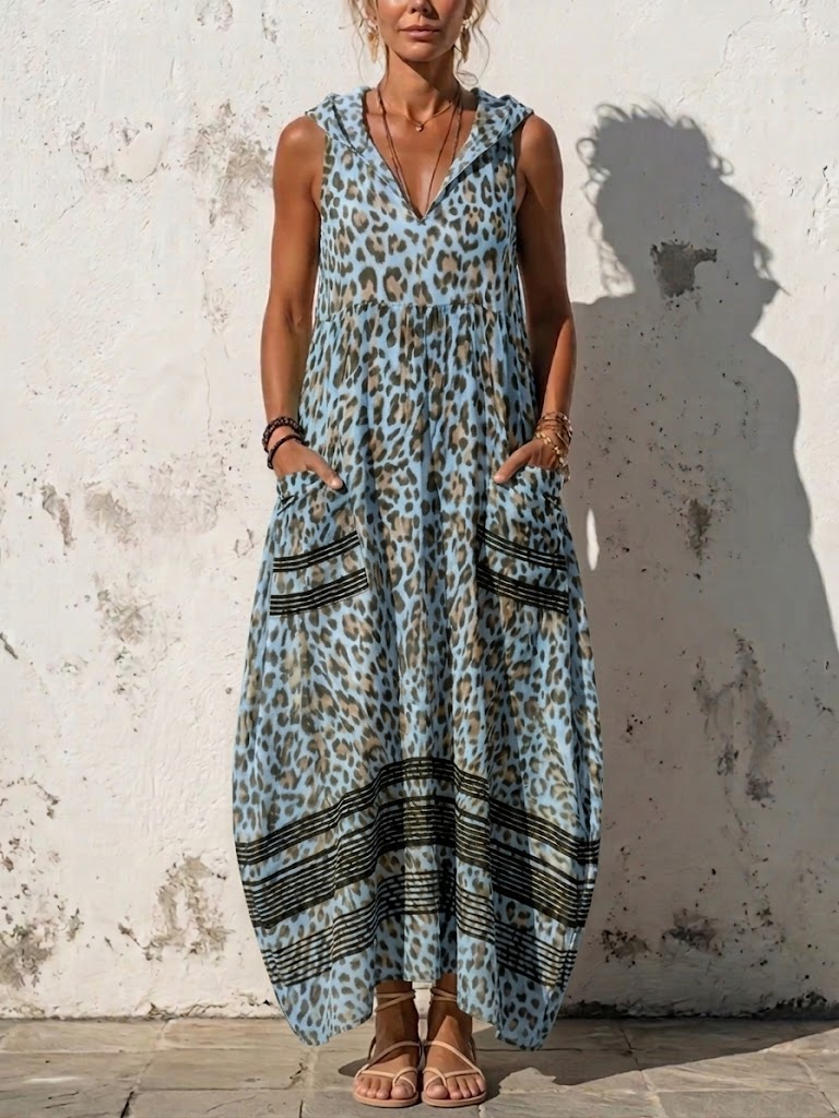 Elegante abito casual senza maniche con cappuccio e stampa leopardata