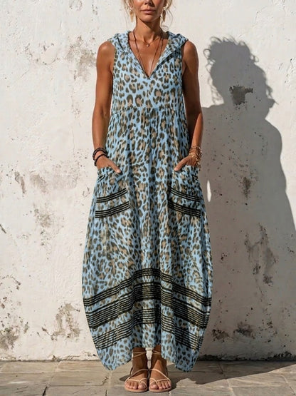 Elegante abito casual senza maniche con cappuccio e stampa leopardata