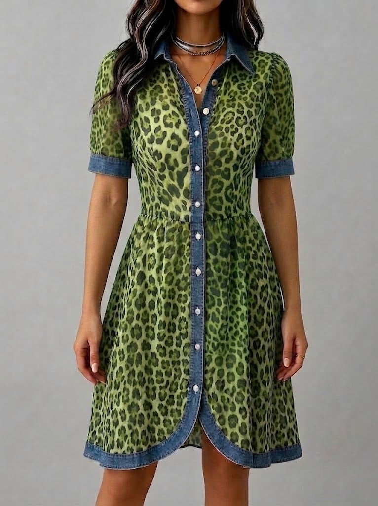 Elegante abito casual in chiffon con stampa leopardata e patchwork di denim