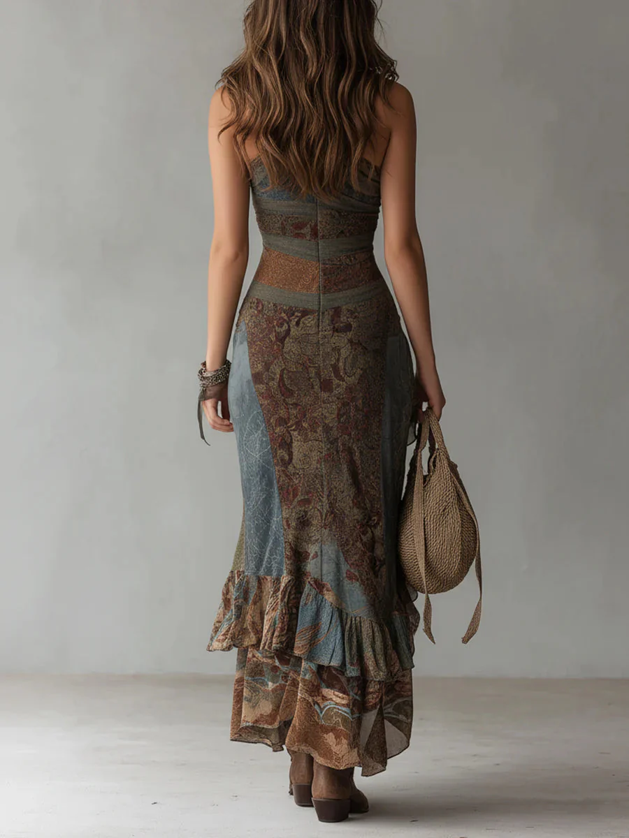 Abito elasticizzato in stile boho con spalle scoperte, asimmetrico e orlo a balze