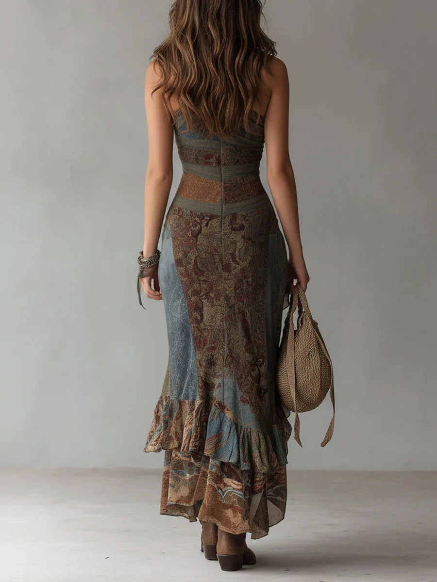 Abito elasticizzato in stile boho con spalle scoperte, asimmetrico e orlo a balze 😍🤎