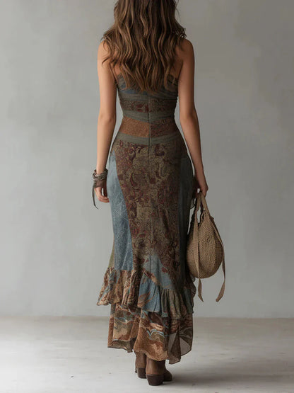 Abito elasticizzato in stile boho con spalle scoperte, asimmetrico e orlo a balze 😍🤎