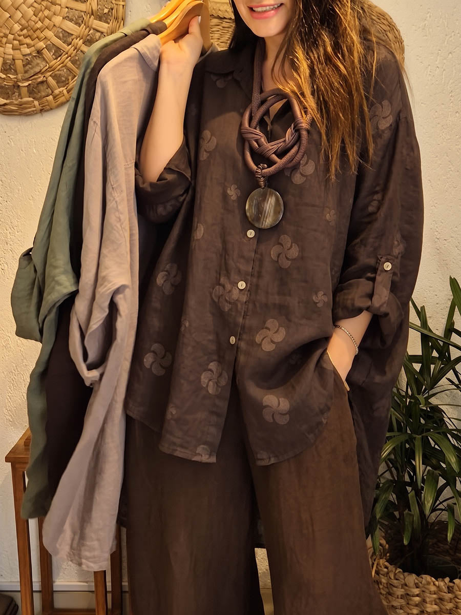 Camicia ampia in misto cotone e lino, con collo a camicia e maniche lunghe