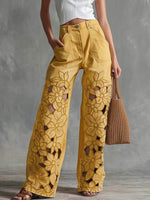 Pantaloni da donna a vita alta, casual, a gamba larga, con ricami traforati.