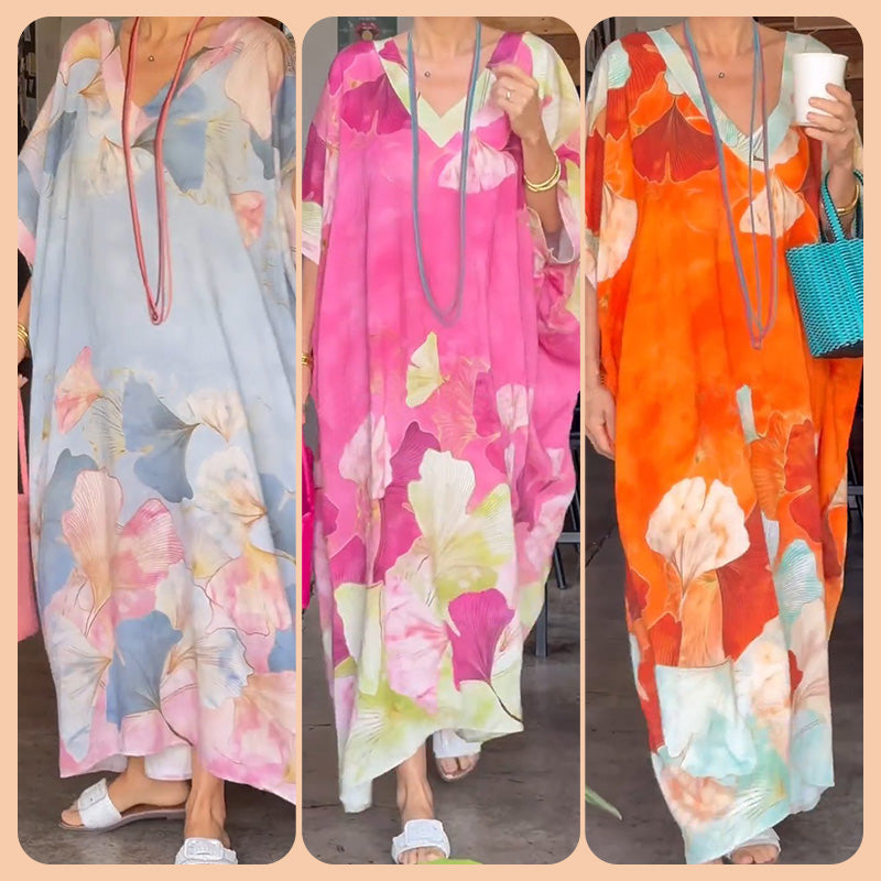 🌸 Abito lungo ampio con stampa floreale e maniche a tre quarti – Fluido, traspirante ed elegantissimo senza sforzo ✨💃