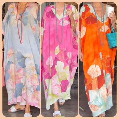 🌸 Abito lungo ampio con stampa floreale e maniche a tre quarti – Fluido, traspirante ed elegantissimo senza sforzo ✨💃