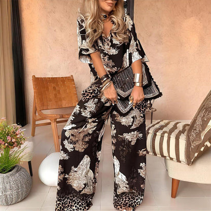 🔥🌊Completo da donna stampato: top con scollo a V e pantaloni lunghi
