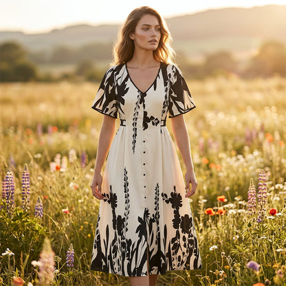 Elegante abito midi con scollo a V e stampa botanica.
