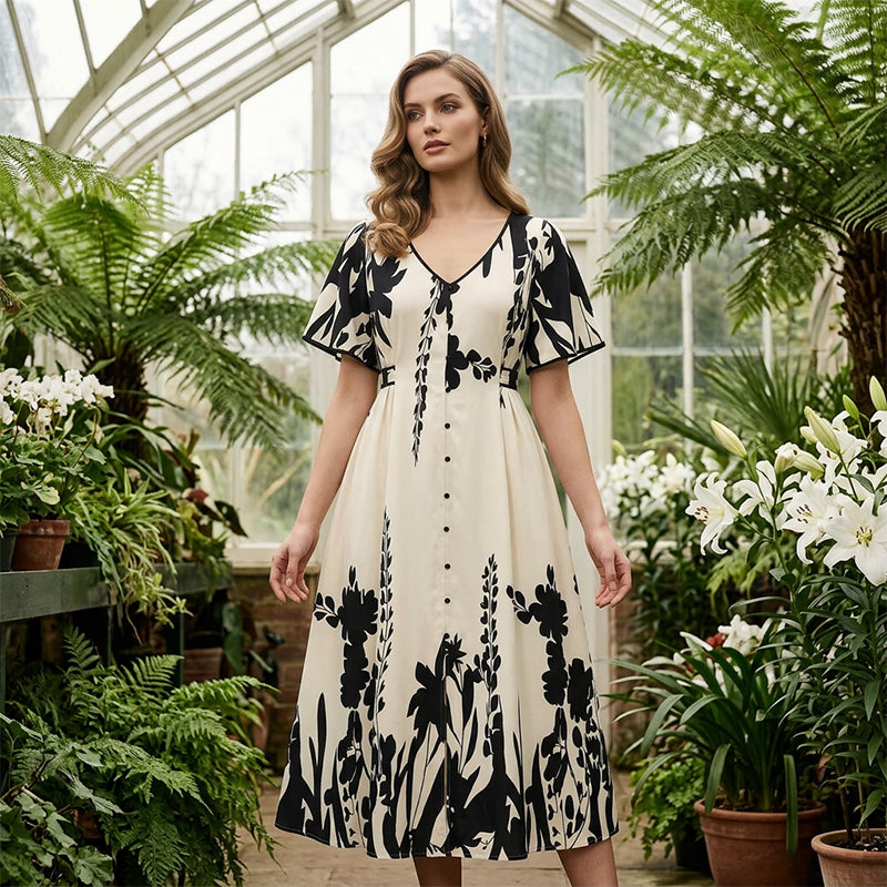 Elegante abito midi con scollo a V e stampa botanica.