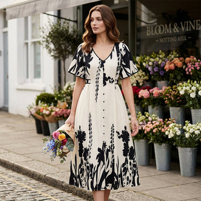 Elegante abito midi con scollo a V e stampa botanica.