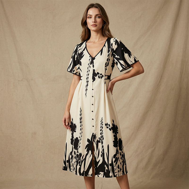Elegante abito midi con scollo a V e stampa botanica.
