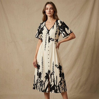 Elegante abito midi con scollo a V e stampa botanica.