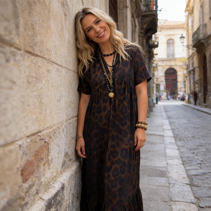 Abito lungo da donna con scollo a V e stampa leopardata
