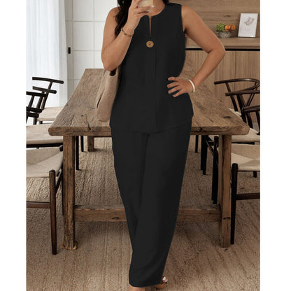 💃 Top senza maniche minimalista e pantaloni a gamba larga: chic senza sforzo, comodi e perfetti per lo stile di tutti i giorni ✨🌿