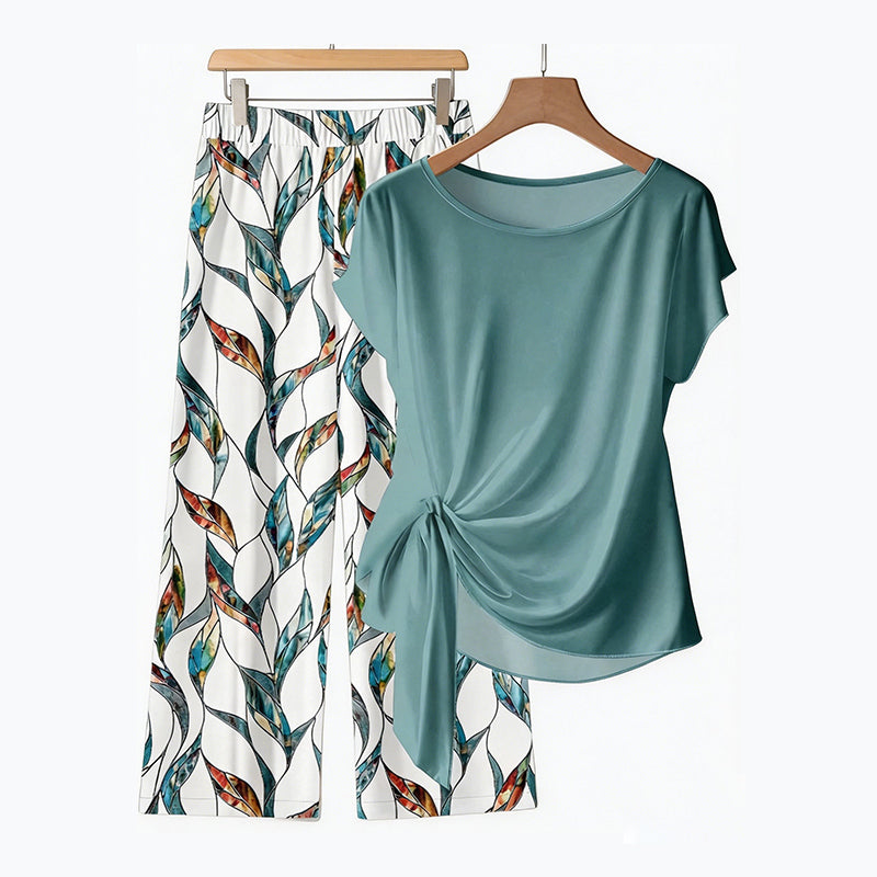 Set composto da top con lacci laterali e pantaloni fantasia – Modello morbido e regolabile – Un tocco tropicale e fresco