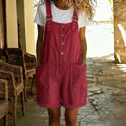 Tuta intera retrò in tinta unita con spalline regolabili – Chiusura frontale con bottoni, ampie tasche, vestibilità comoda ✨