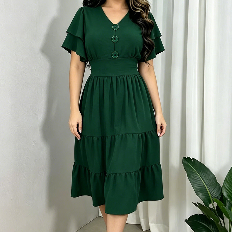 Abito midi da donna con scollo a V e maniche a volant.