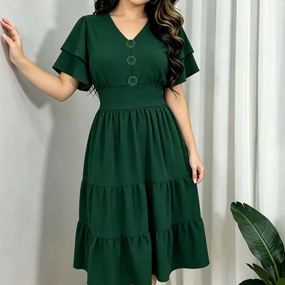Abito midi da donna con scollo a V e maniche a volant.