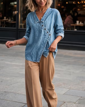 Camicetta in denim con bottoni rifiniti a mano